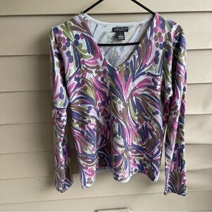 Vtg Y2k Daniel Bishop‎ 100% Cashmere Pastel Floral Sweater Sz M V-Neck Luxe